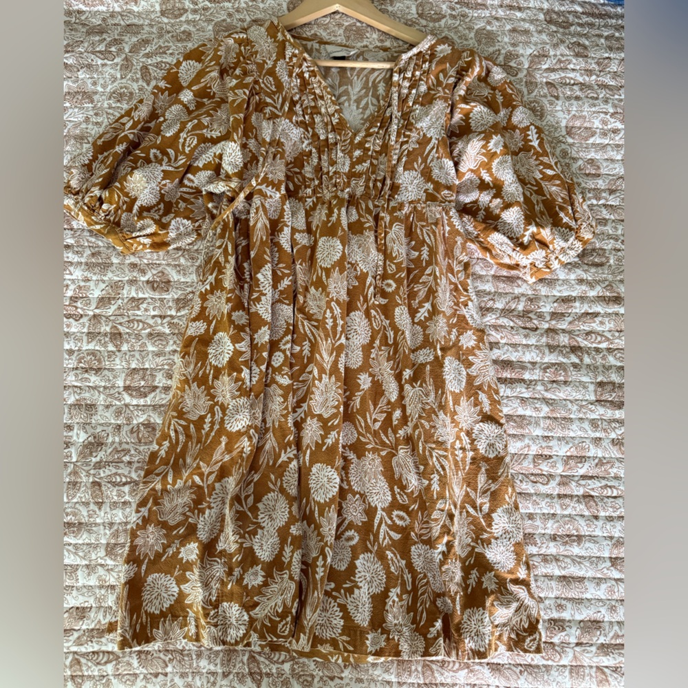 Floral Boho Dress Mustard Yellow and White Floral 100% cotton puff sleeve dress